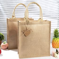 6 Pack Burlap Tote Bags Blank Shopping Bag Jute Gift Bags Reusable Canvas Grocery Bag with Cotton Handle and Gift Card for Decorating Art Craft Bible 