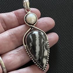 Natural White Buffalo  & Pearl Gemstone Sterling Silver 2.8” Pendant
