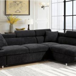 Brand New Black Plush Sectional Sofa With Pull-out Sleeper 