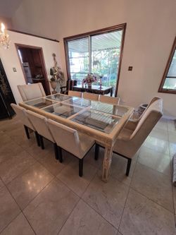 Glass Panel Dining Table + 8 Matching Upholstered Chairs