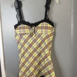 Yellow Black Plaid Mesh Babydoll Sweetheart Neck Sleeveless Ruffle Women
