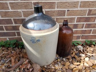 5 Gallon Crock Jug And Brown Glass Jug