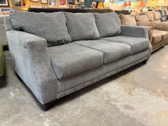BROYHILL Grey Fabric 3-Seat Sofa w/ Nailhead Trim