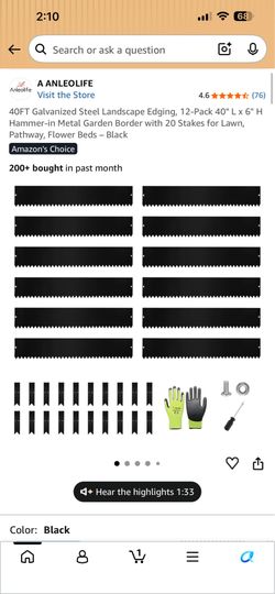 40FT Galvanized Steel Landscape Edging, 12-Pack 40" L x 6" H Hammer-in Metal Garden Border with 20 Stakes for Lawn, Pathway, Flower Beds – Black
