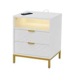 LED Nightstand with 2 Drawers, Charging Station, White Modern Night Table High Gloss End Side