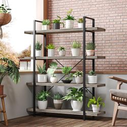 Heavy Duty 4 Tier Industrial Bookcase for Home Office, Grey | 47" Wide Wood Bookshelf,120 lbs Shelf Capacity, Rustic Open Shelving Display,3CM Upgrade