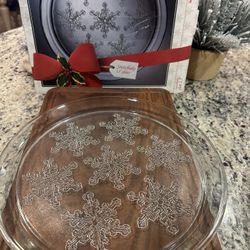 Vintage Indiana Glass Serving Platter 13" Christmas Snowflake Cake Plate & Box