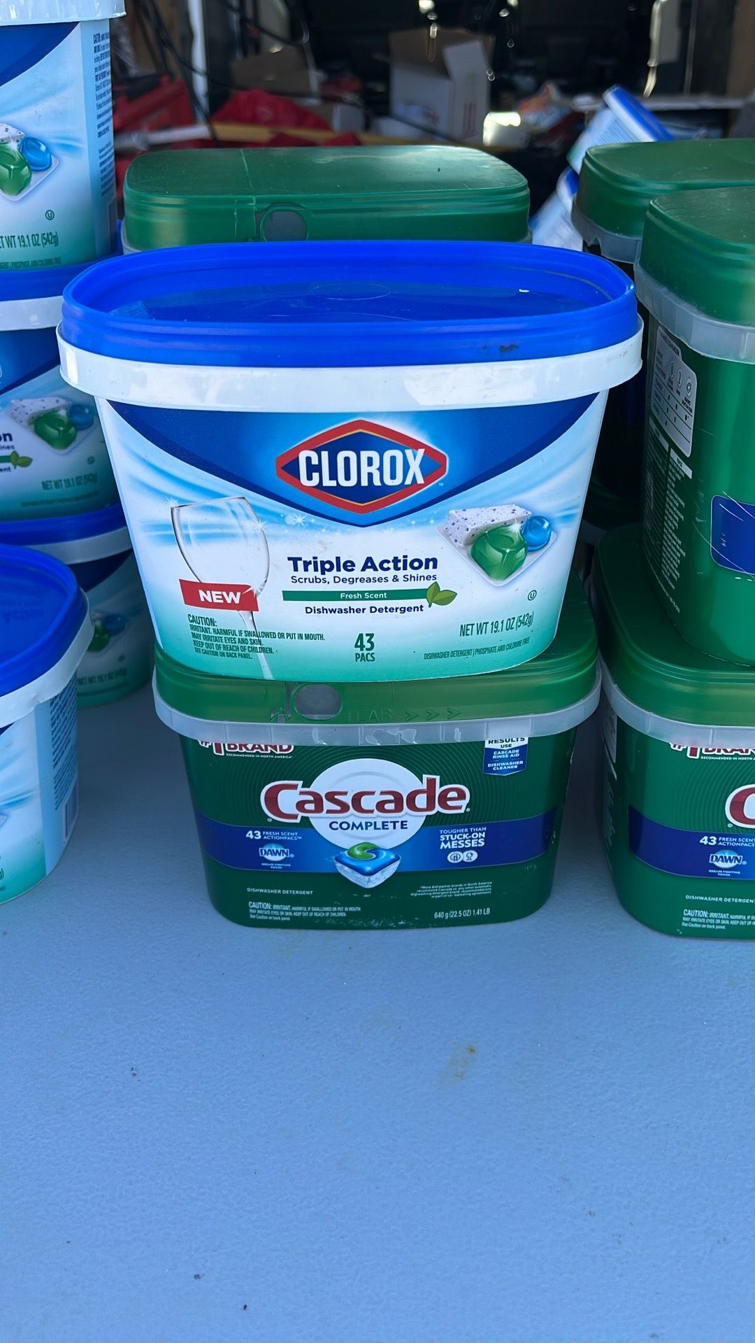 Clorox triple Action Dishwasher Detergent, and Cascade detergent