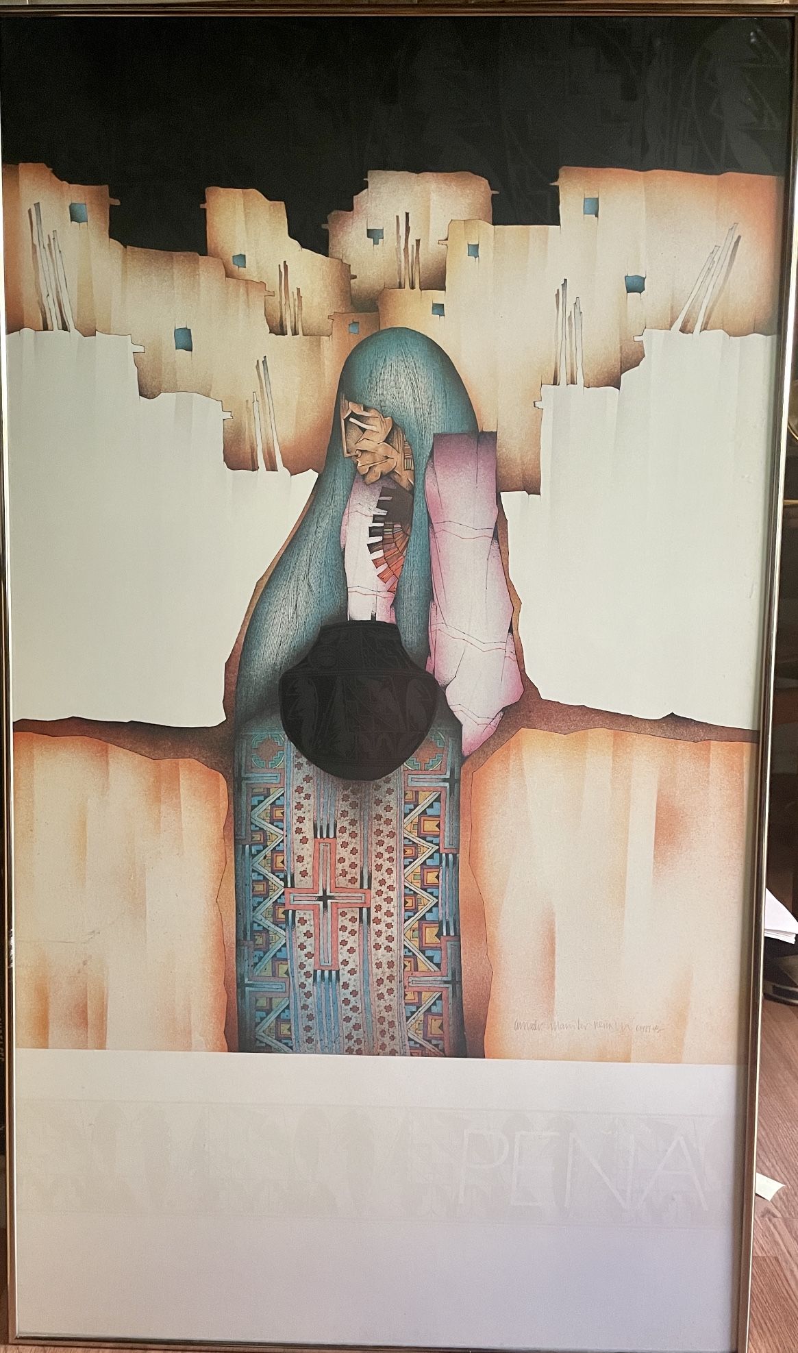 1987 Rare Amado Pena Arizona Native American Indian Abstract Lithograph Print Framed