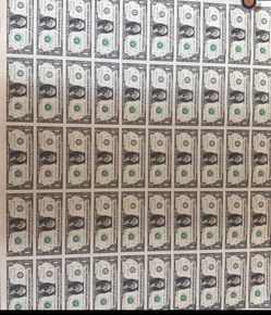 Uncut Sheet of US $1 Dollar Bills lot of 50 -$1.  Uncut sheets for