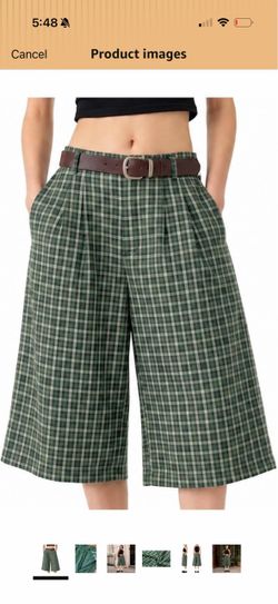 Green Plaid Wide-Leg Bermuda Shorts