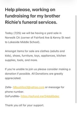 Yard Sale - Funeral Fundraiser