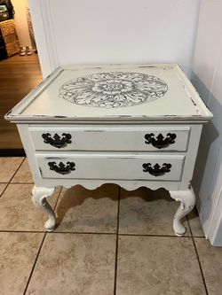 Upcycled Mid-Century French Provincial Accent Table in Distressed Alabaster White