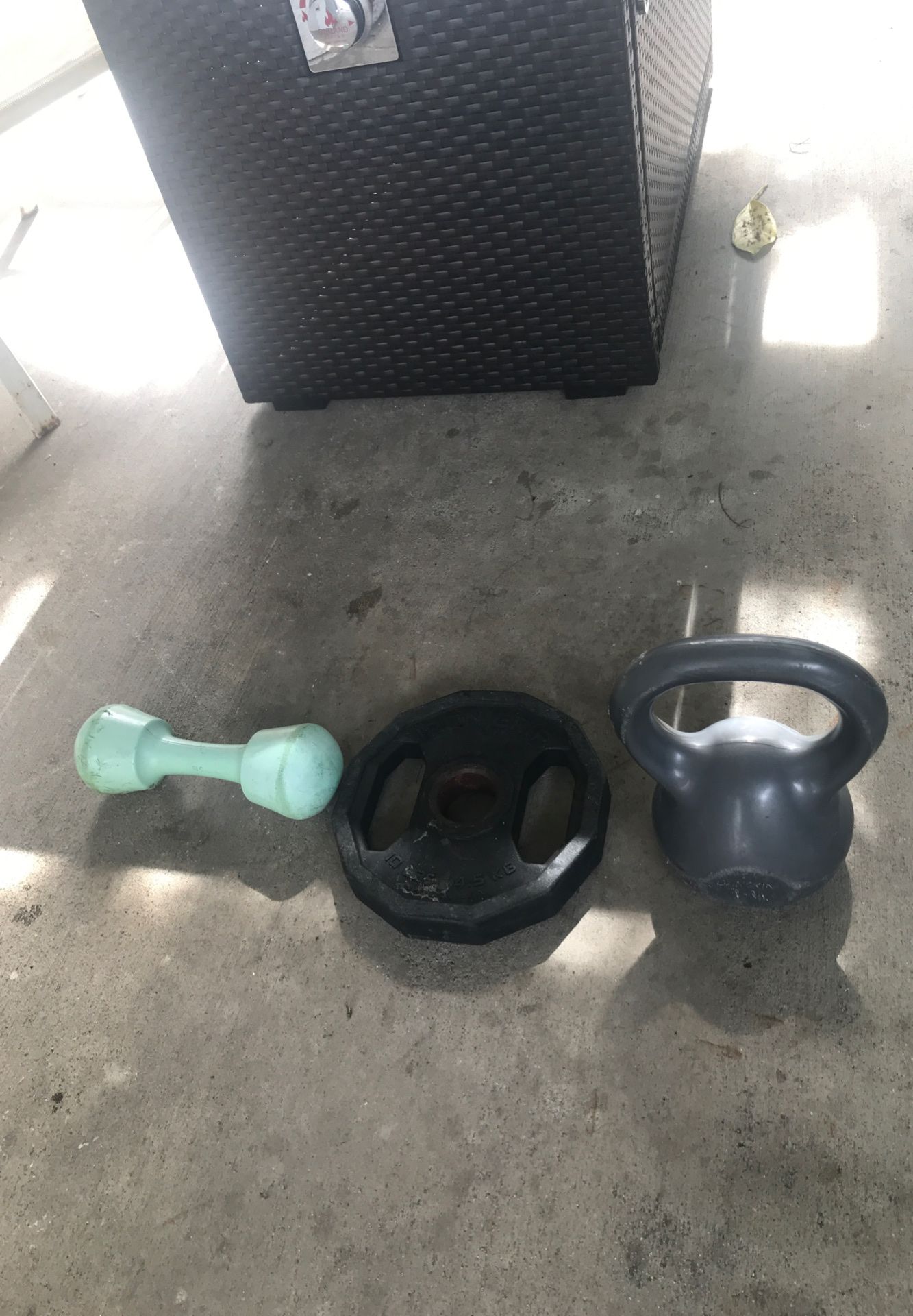Kettle ball (10 lbs) , dumbbell (5 lbs), free weight (10 lbs)