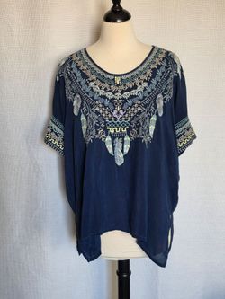 Johnny Was Oversized Blouse Embroidered Floral Feathers Pullover  Small