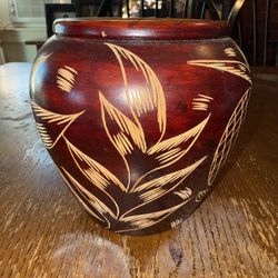 Vintage Hand Carved Solid Wooden Fish Bowl Style Tropical  Vase Art Boho   Please receive pictures for best description.  