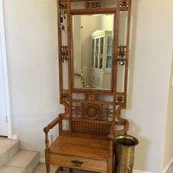 Antique Coat Rack, Chair, And Umbrella Stand