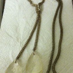 Vintage Long Mesh Coil Necklace Chandelier Pendant Clear Rhinestones Gold Tone.