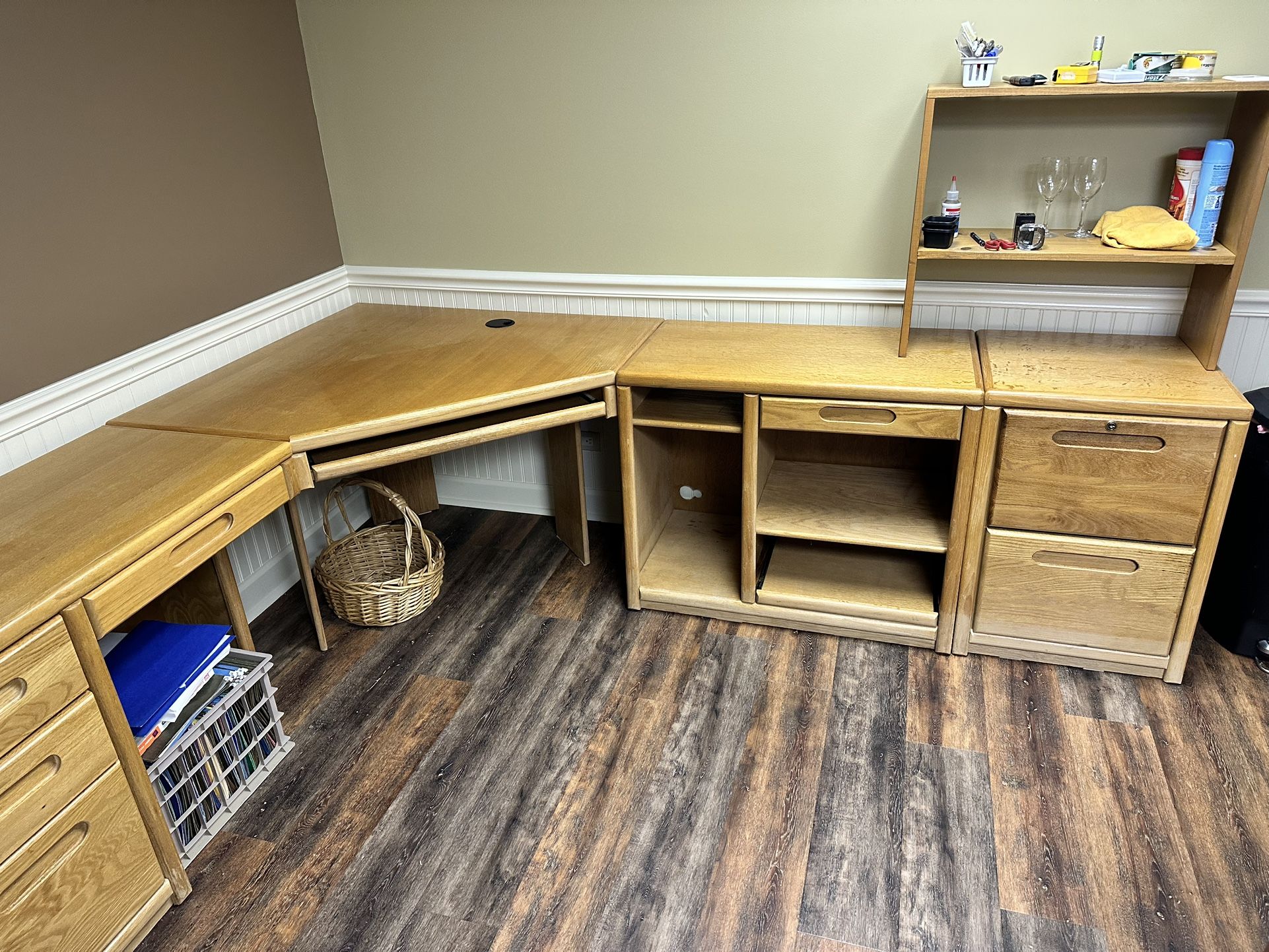 Wooden Office Desk Set U-shaped wooden desk with shelves and drawers.