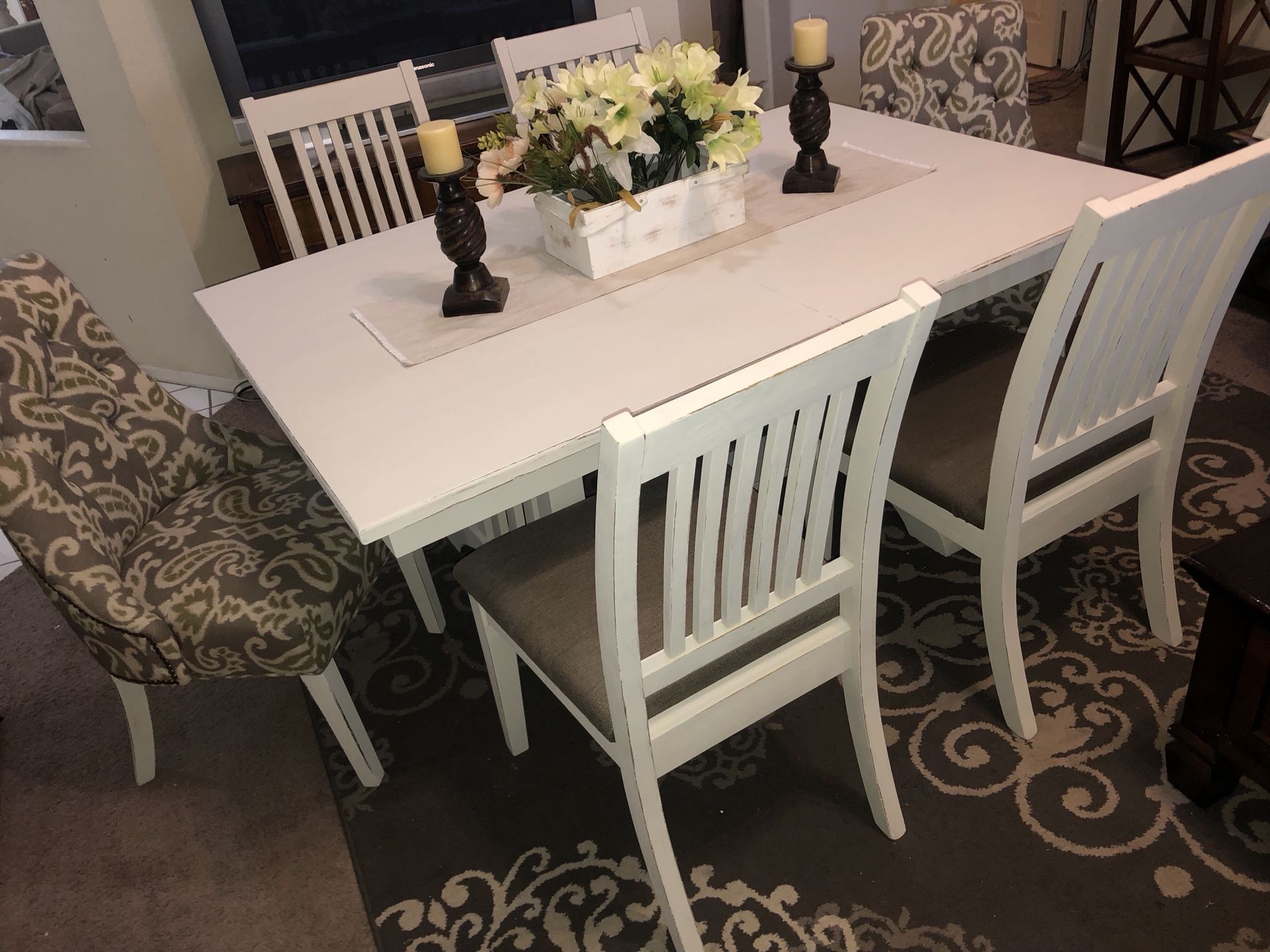 Dining table dinner table kitchen table dinning set farmhouse seats 6 six chairs off white wood