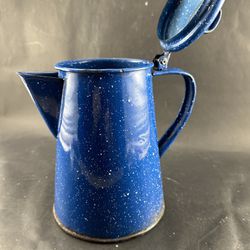 Vintage Blue & White Speckled Enamelware Stove Top Camping Coffee Pot Tea Pot
