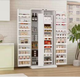 42-Shelf White Wood Food Pantry Organizer with Rotating Racks and Door-Mounted Storage, Freestanding Kitchen Cupboard
