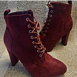 Burgundy Lace-  Up Ankle Boots 