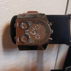 3 Time Zone Oulm Brown Genuine Leather Watch