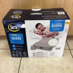 SERTA NEVERFLAT FABRIC SERIES 18” RAISED QUEEN INFLATABLE MATTRESS.