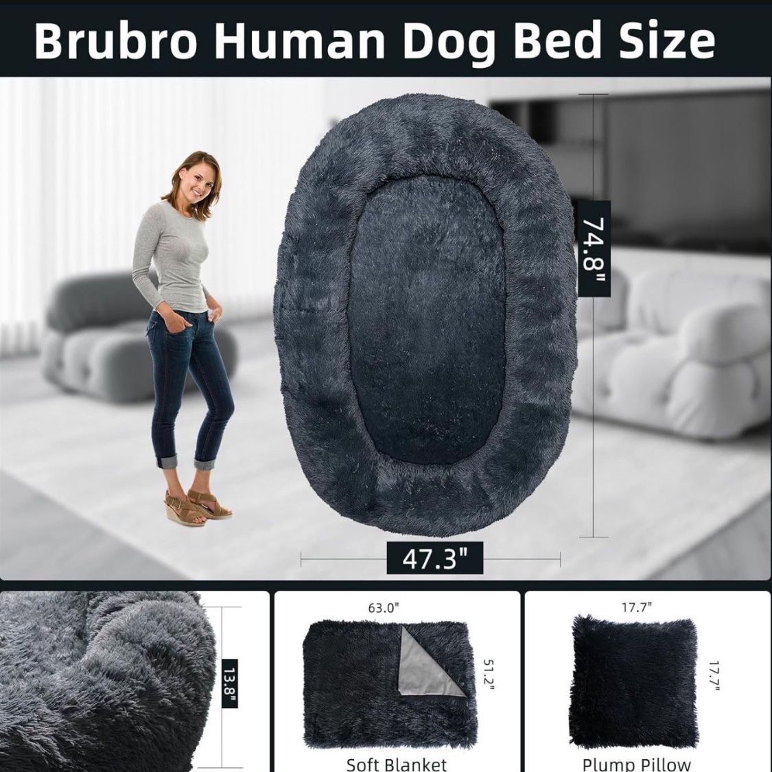 Large Human Dog Bed for Adult,74.8"x47.3"x13.8" Human Sized Dog Bed for People and Pets,Removable and Washable Faux Fur Giant Dog Bed for Humans with 