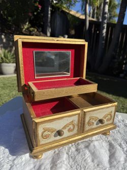 Vintage 8” L Gold Tone Musical Wood Jewelry Box Plays  “Fly Me To The Moon” Trinket Box Storage - Home Decor