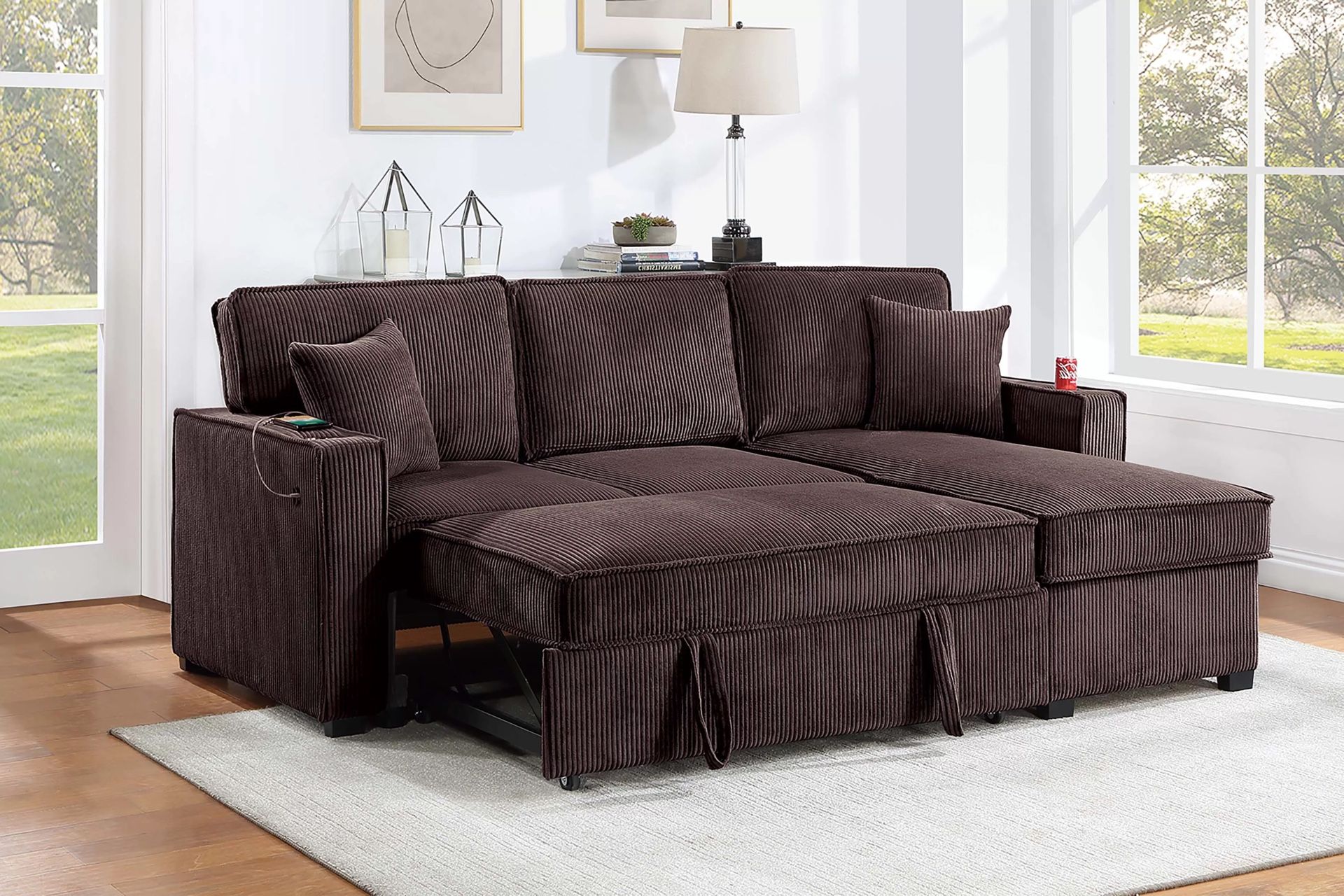 2pc Convertible Sectional Sofa Reversible Storage Chaise W/ Cup Holder & USB & USB-C Port