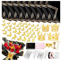 338Pcs Flower Bouquet Wrapping Paper Kit, Waterproof Floral Wrapping Paper Florist Bouquet Supplies with Crowns Butterfly Flower Pins Greeting Cards a