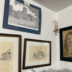 Multiple vintage pencil, charcoal and chalk artworks