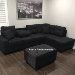 On Sale ! Black Sectional Sofa With Storage Ottoman Brand New  