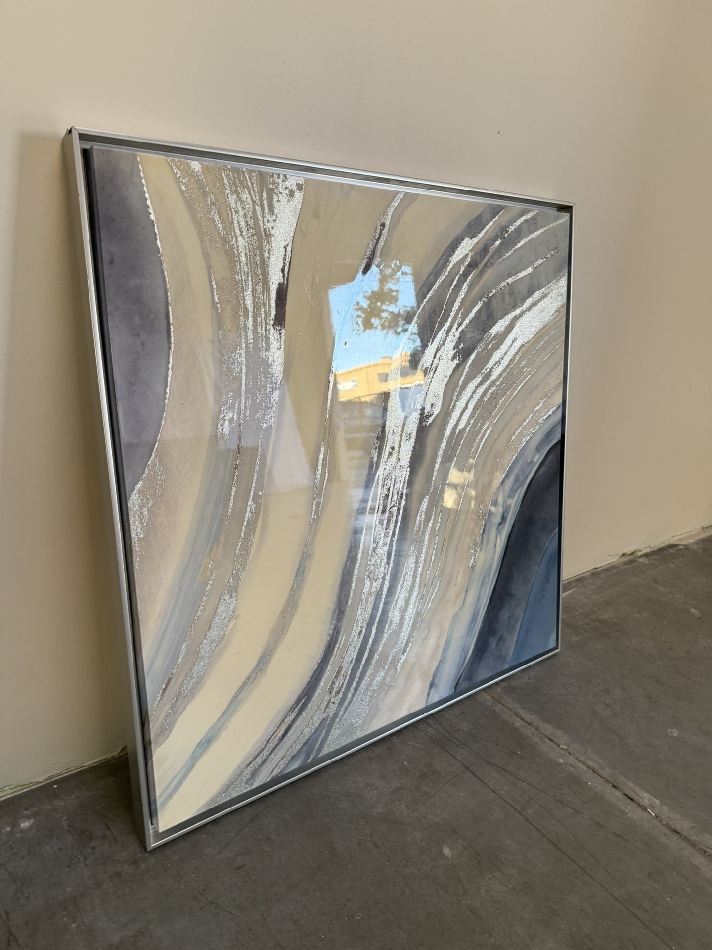 36” Abstract Wall Art – Silver Frame | Modern Swirl Design | Neutral Tones