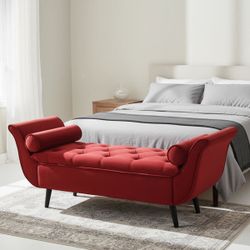 Red velvet upholstered storage bench
