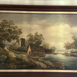 Vintage Oil Painting of a European Landscape with Watermill and River “42”Width 30”Height
