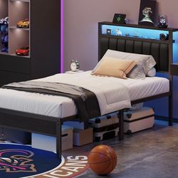 Furnulem Twin Size Bed Frame with Charging Station and LED Lights, Platform Bed with Metal Slats