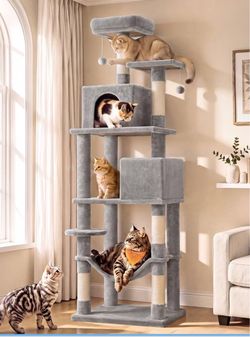 Cat Tree, 73.2-Inch Cat Tower, Multi-Level Condo, Light Gray with 5 Scratching Posts, 2 Perches, 2 Caves, Hammock, 2 Pompoms for Indoor Cats, Easy to