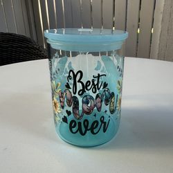 Best Mom Ever Glass Mug – Mother’s Day Gift Cup w/ Lid & Straw