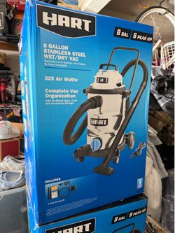HART 8 Gallon Wet/Dry Vacuum, 6 Peak HP Motor, Stainless Steel Tank, Convertible to Blower, On-Board Storage, 17 ft Cleaning Reach
