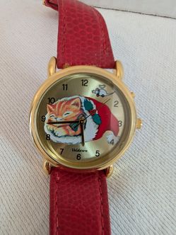 "Cat Sleeping in a Santa Hat" Valdawn Red Leather Watch -  Pickup in 91706