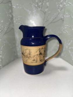 Vintage  Pottery Pitcher Jug Hand Painted Folk Art Signed Artist Lee 1982
