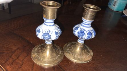 Collectible Delft Blue Holland Windmill Porceline Ceramic and brass Candlesticks Set Of 2