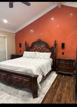 Traditional Bedroom Set with Real Granite Top – Ornate Carved Wood & Matching Mirror  Beautiful, elegant bedroom set featuring rich dark brown wood, i