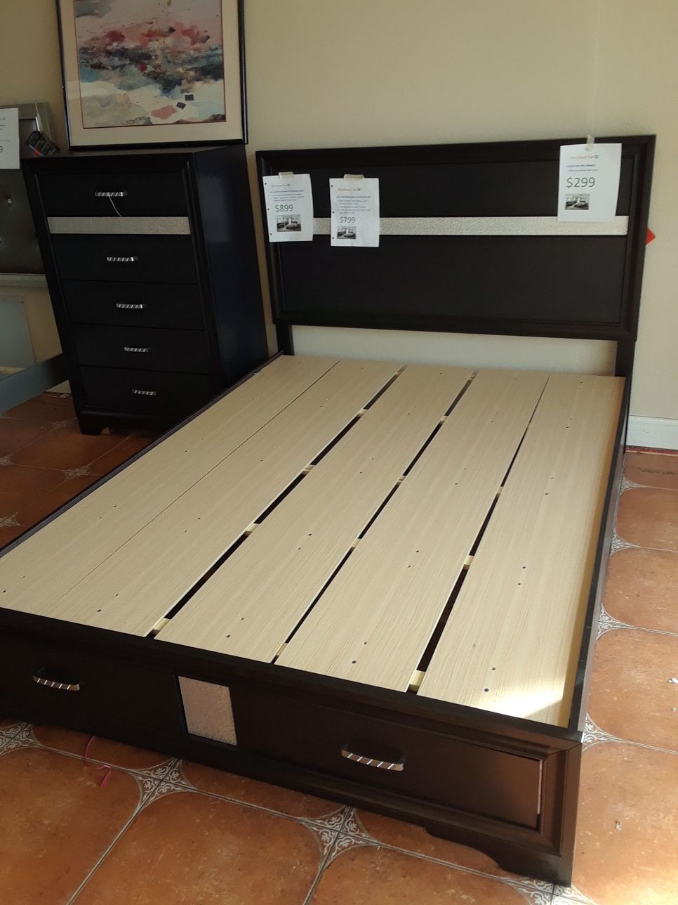 Quality Queen platform bed frame with drawers boxspring not required