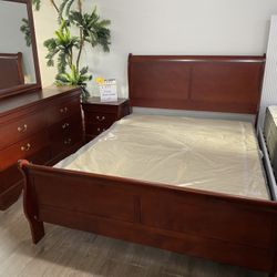 Queen Bed With Dresser, Mirror, And Nightstand