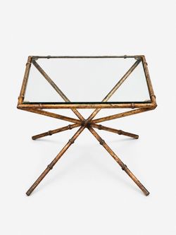 Vintage French Hollywood Regency Faux Bamboo Gilt Iron & Glass Side Table, c.1960's - Delivery Available