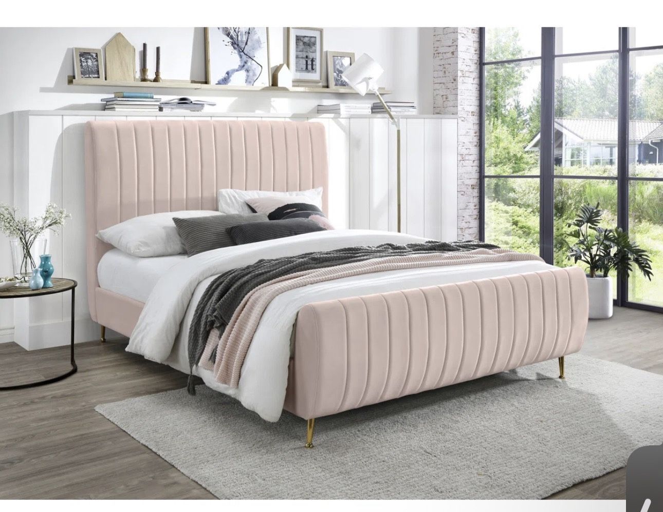 Blush Velvet Upholstered Bed Frame with Gold Legs